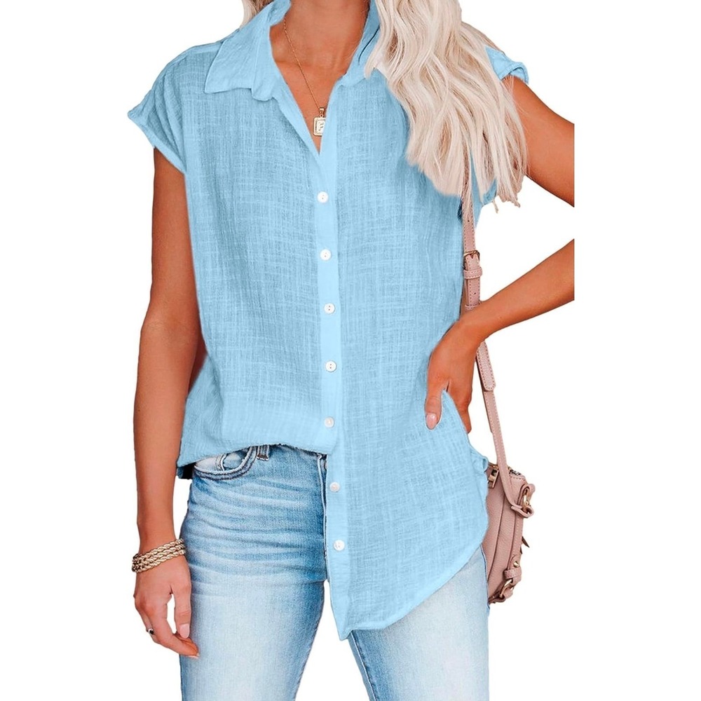 Womens Sleeveless Collared Blouse Casual Button Up Shirt Sz Medium - Picture 1 of 4